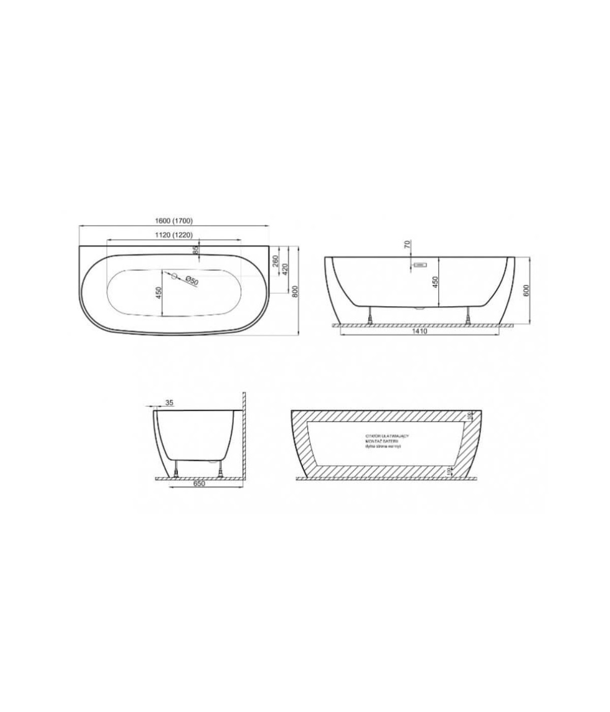 Freistehende Vorwand-Badewanne 160x80 RISAZ Schwarz Matt Ablaufgarnitur GRATIS!