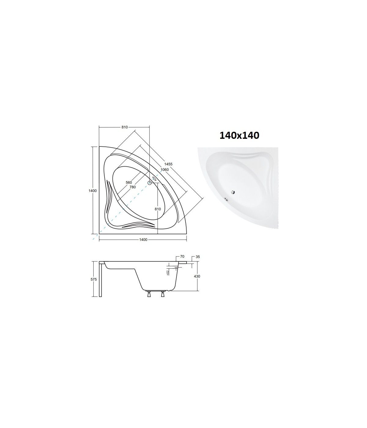 ECKBADEWANNE 140x140 MIAZ Ablaufgarnitur + Füße GRATIS !