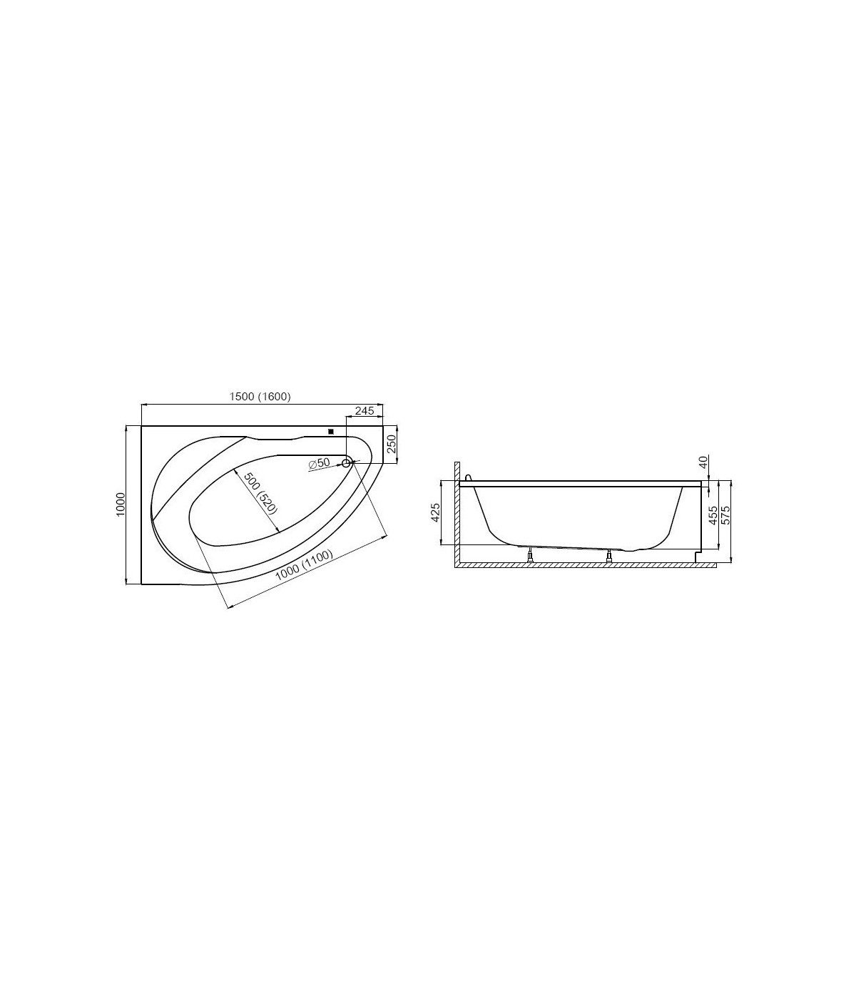 ECKBADEWANNE 160x100 LINKS MAREA Ablaufgarnitur + Füße GRATIS !