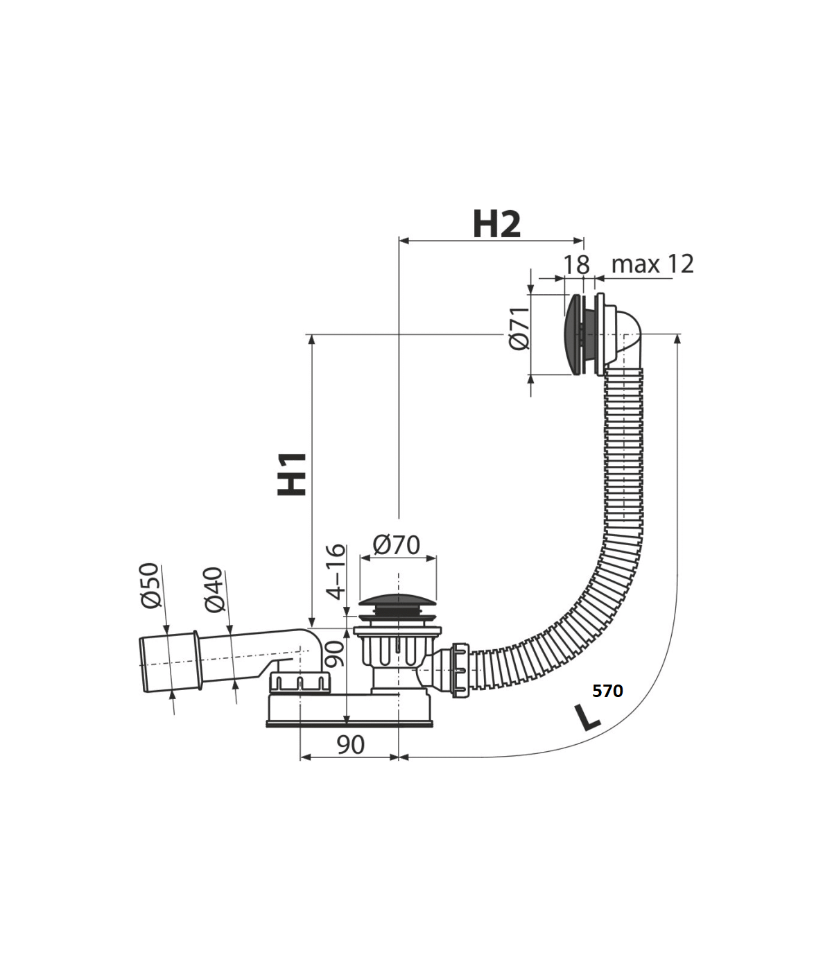 ABLAUFGARNITUR Überlaufgarnitur Ablauf A507 SCHWARZ Siphon Ø52 Click Clack