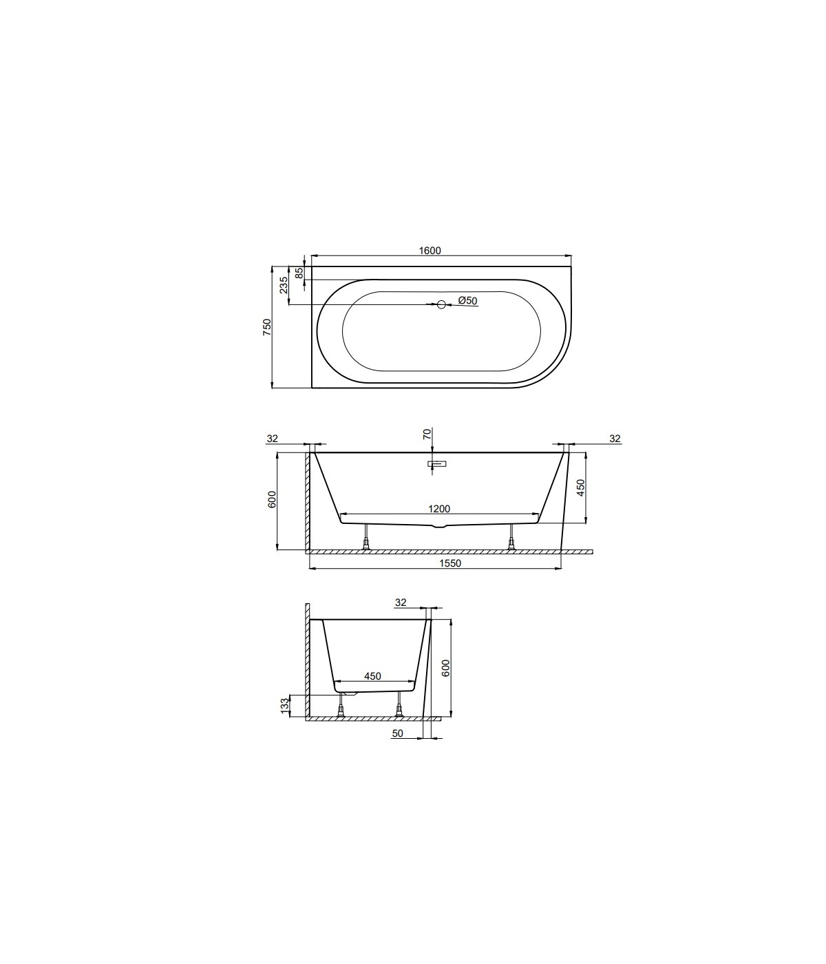 Freistehende Eckbadewanne 160x75 LINKS SOLAS Weiß Ablaufgarnitur Click-Clack GRATIS !