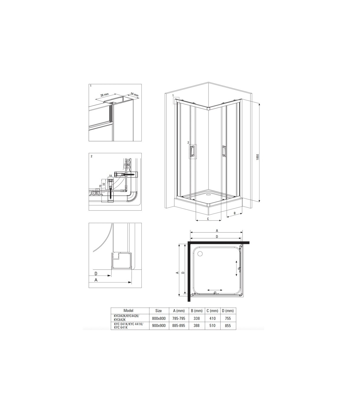 Duschkabine Duschwanne Grafit Glas 90x90 185cm Quadratisch