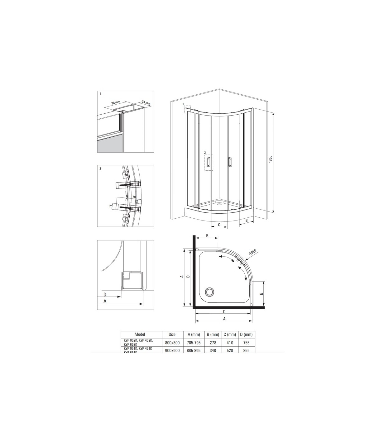 Duschkabine Duschwanne Transparentes Glas 90x90 185cm Halbrund