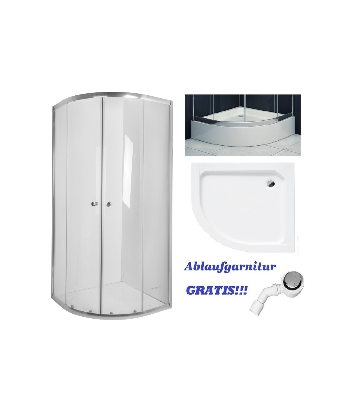 Duschwanne und Duschkabine VITORIA Transparentes Glas 80x80 180cm Halbrund mit Ablaufgarnitur