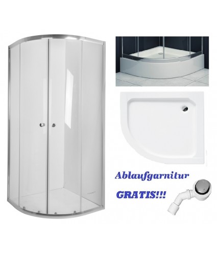 Duschwanne und Duschkabine VITORIA Transparentes Glas 90x90 180cm Halbrund mit Ablaufgarnitur