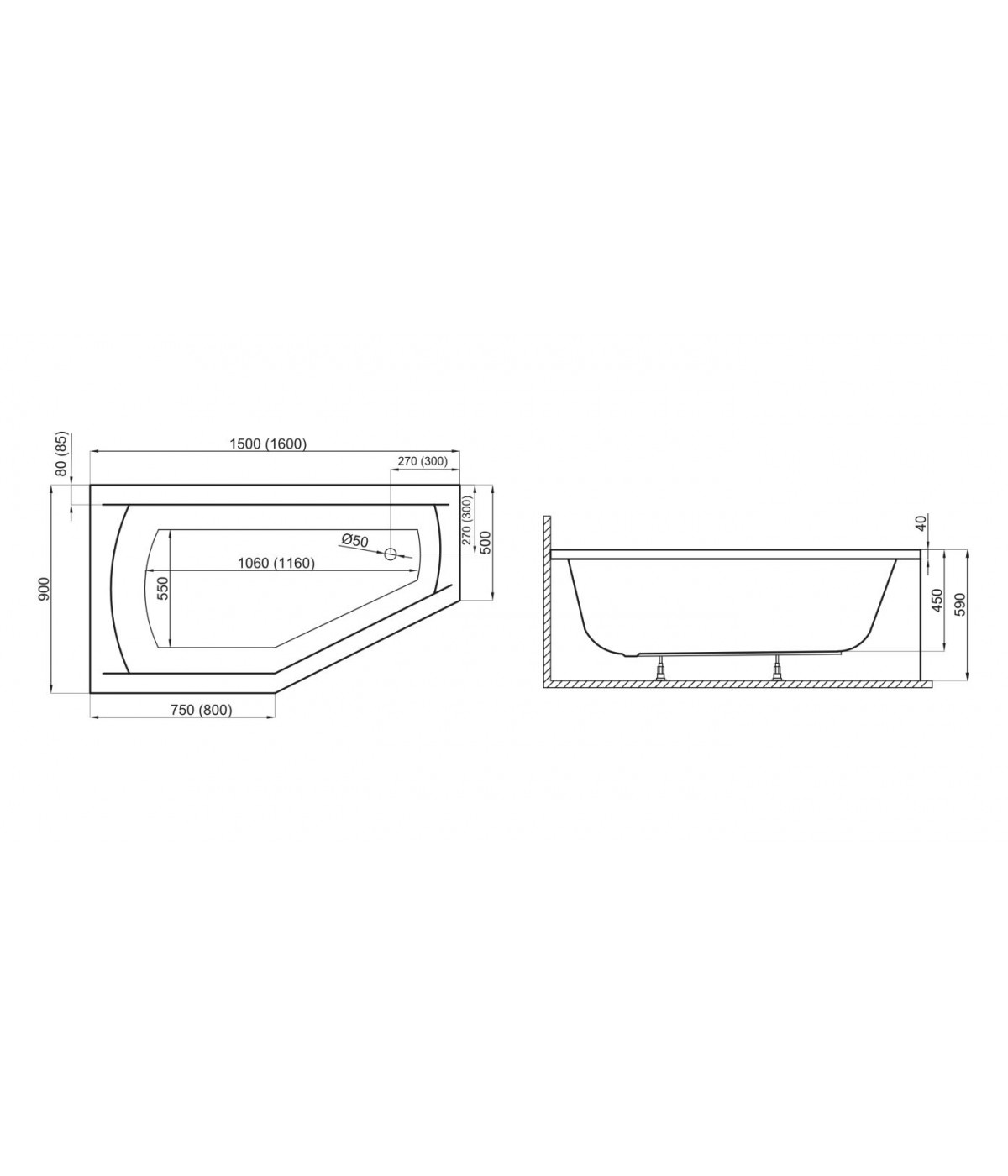ECKBADEWANNE 160x90 RECHTS SELENA Ablaufgarnitur + Füße GRATIS !