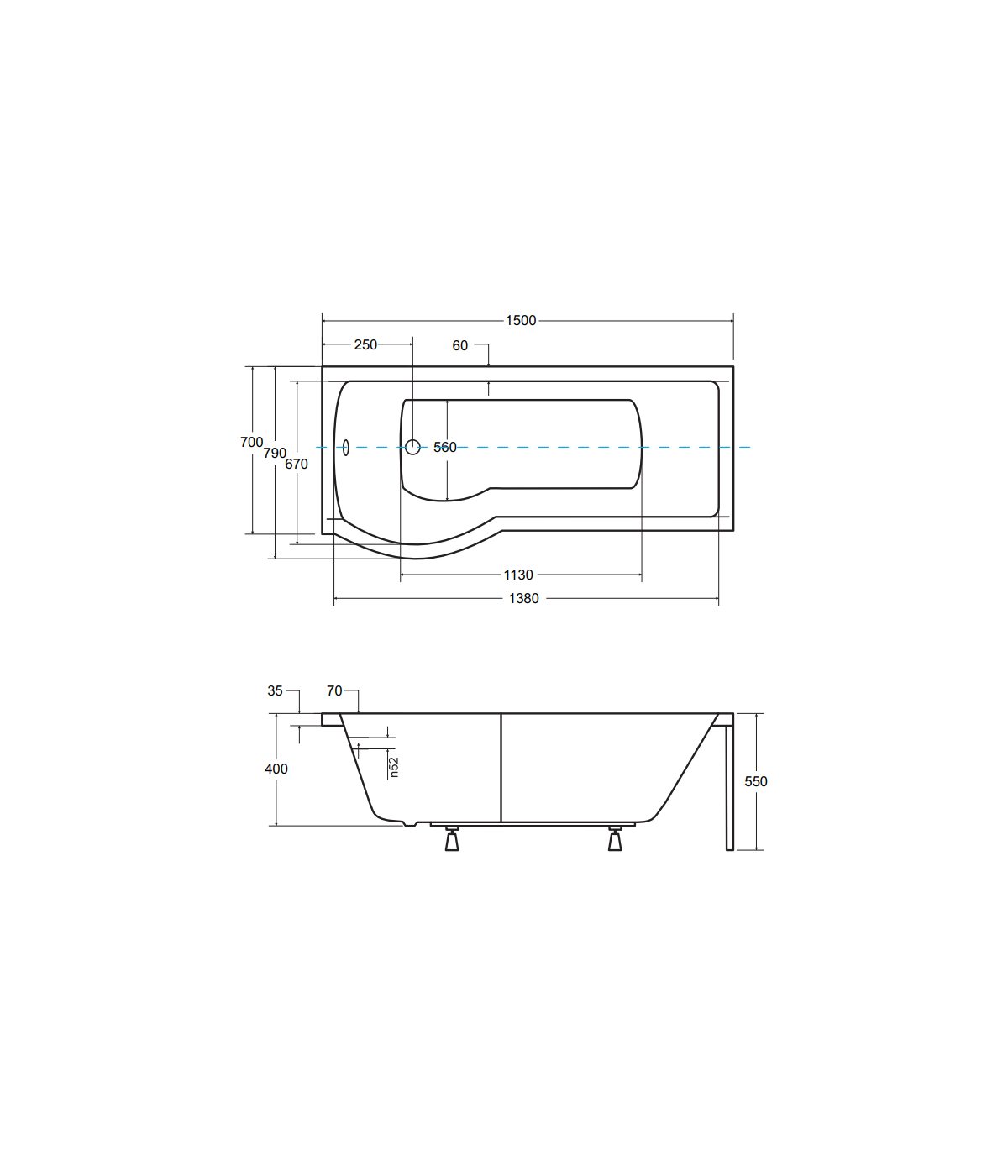 BADEWANNE ECKWANNE 150x70 LINKS INSPIRO GLASABTRENNUNG Ablaufgarnitur + Füße GRATIS !