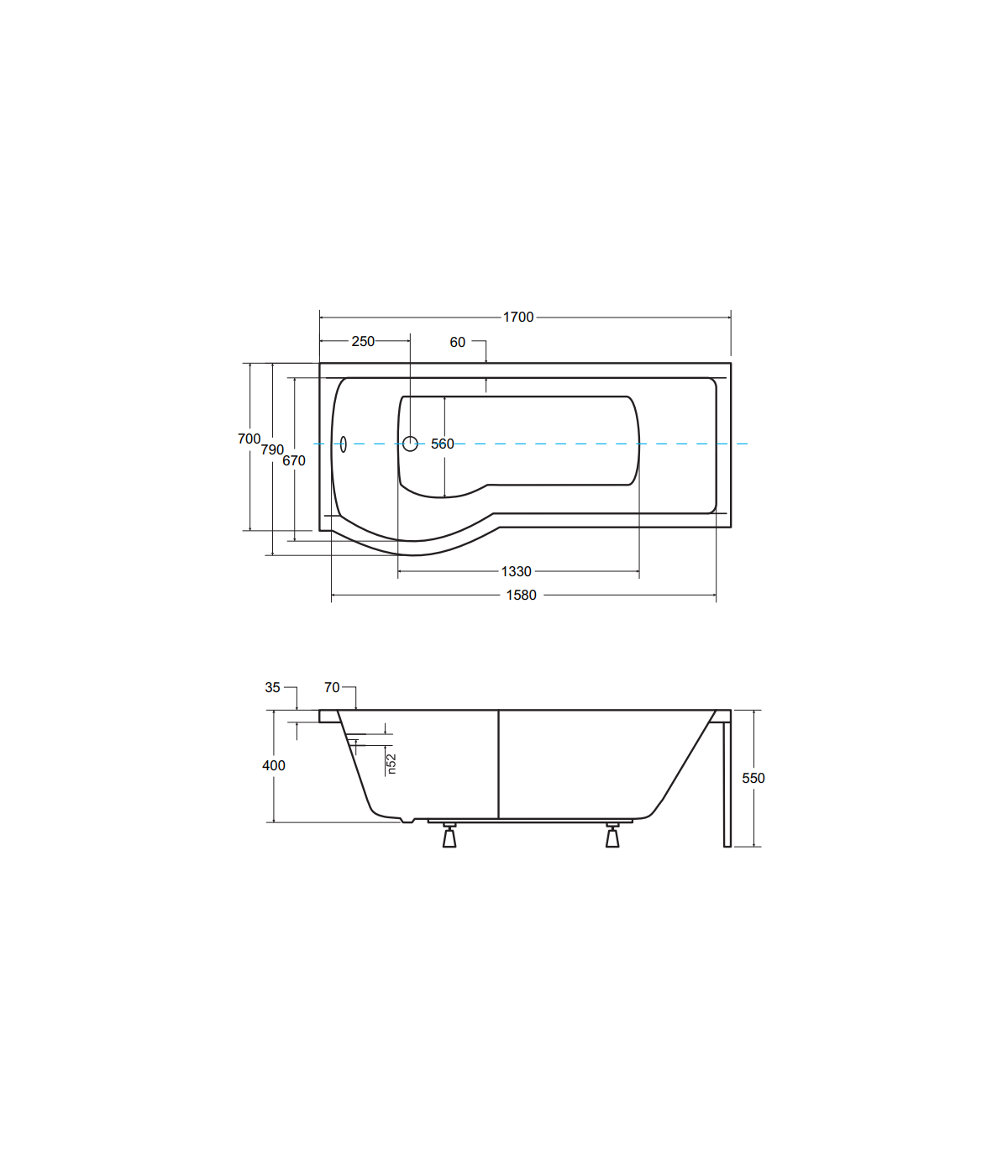BADEWANNE ECKWANNE 170x70 LINKS INSPIRO GLASABTRENNUNG Ablaufgarnitur + Füße GRATIS !