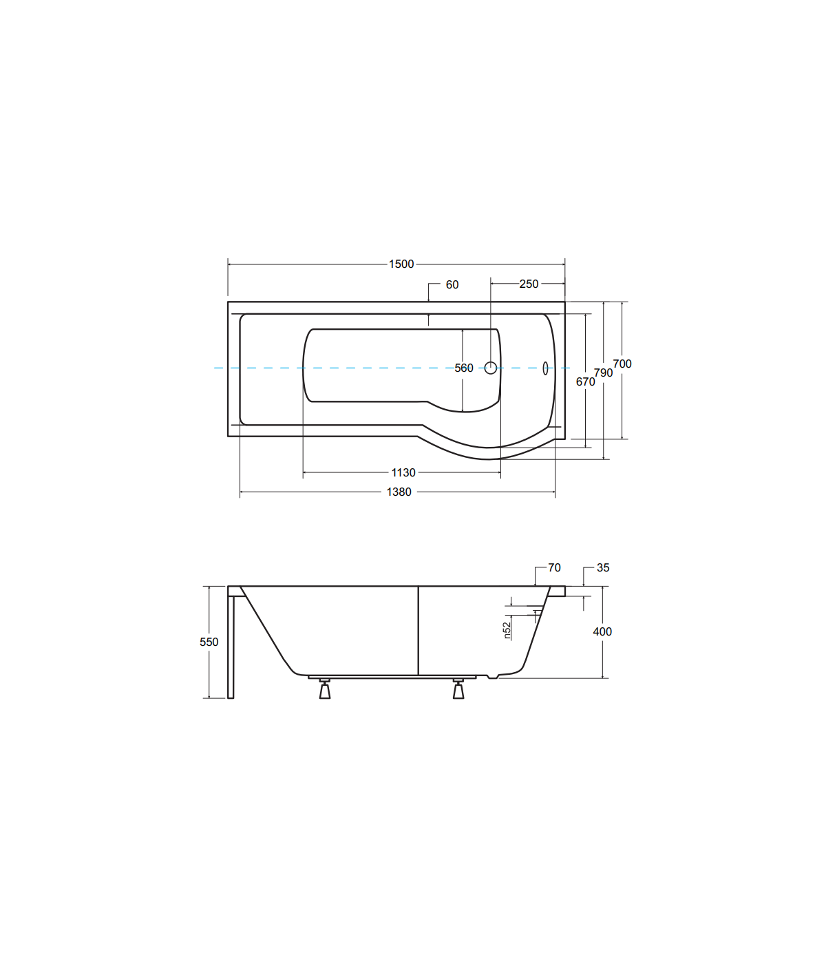 BADEWANNE ECKWANNE 150x70 RECHTS INSPIRO GLASABTRENNUNG Ablaufgarnitur + Füße GRATIS !