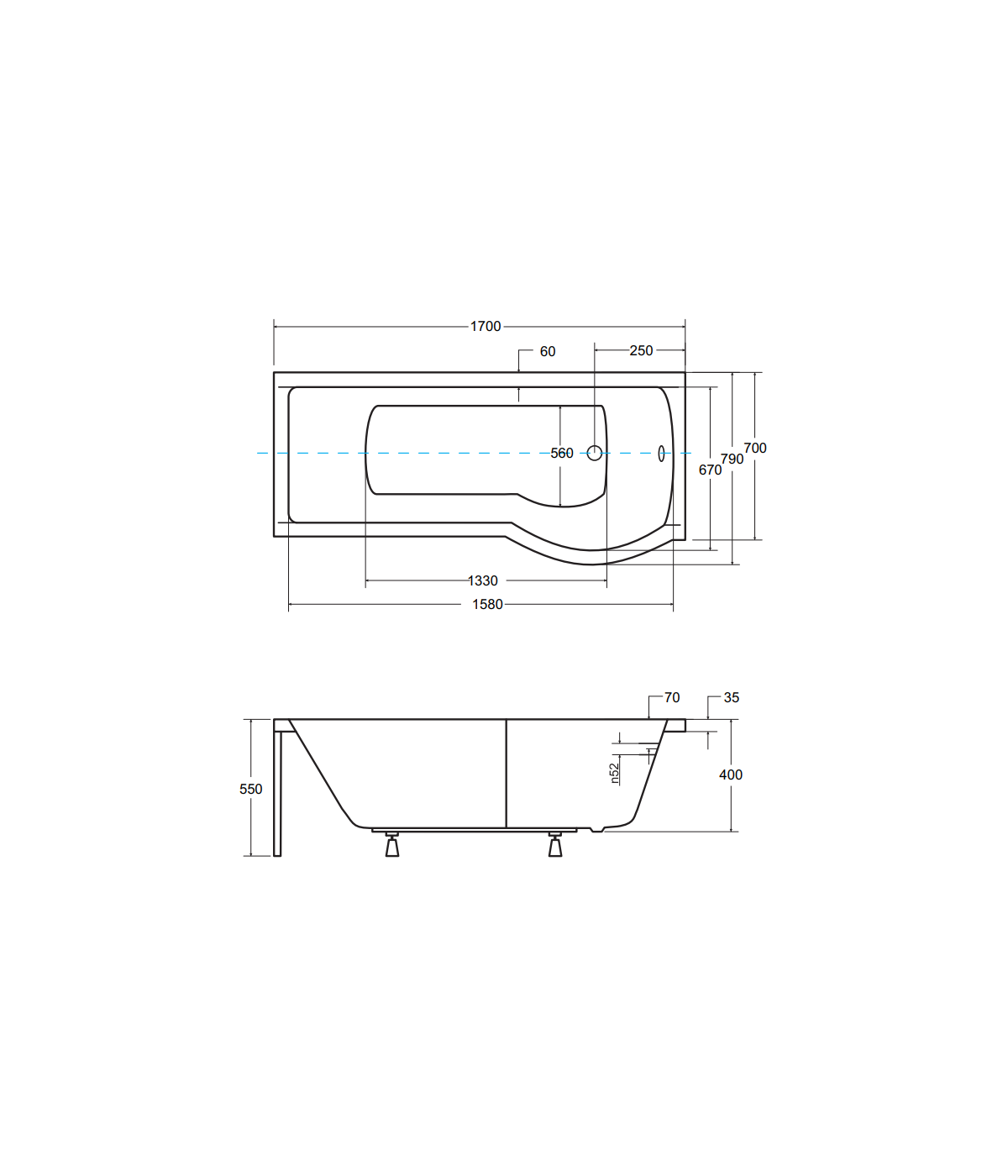 BADEWANNE ECKWANNE 170x70 RECHTS INSPIRO GLASABTRENNUNG Ablaufgarnitur + Füße GRATIS !