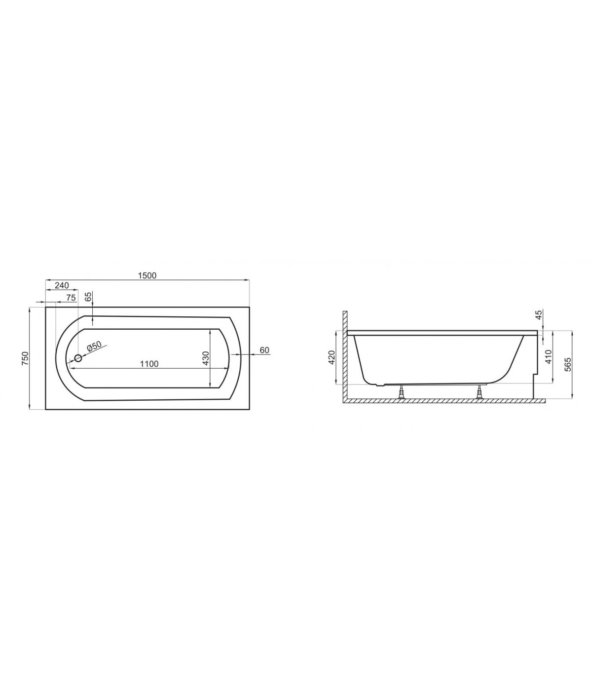 RECHTECK BADEWANNE 150x75 CLASSIC Ablaufgarnitur + Füße GRATIS !