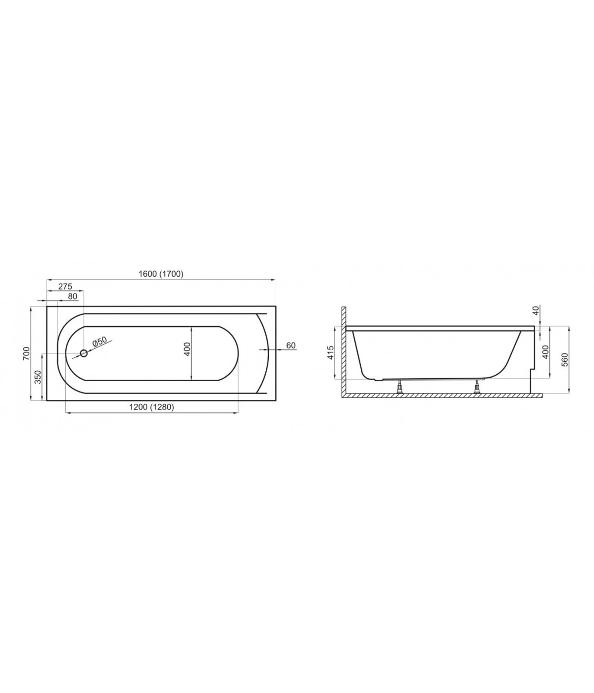 RECHTECK BADEWANNE 170x70 CLASSIC Ablaufgarnitur + Füße GRATIS !
