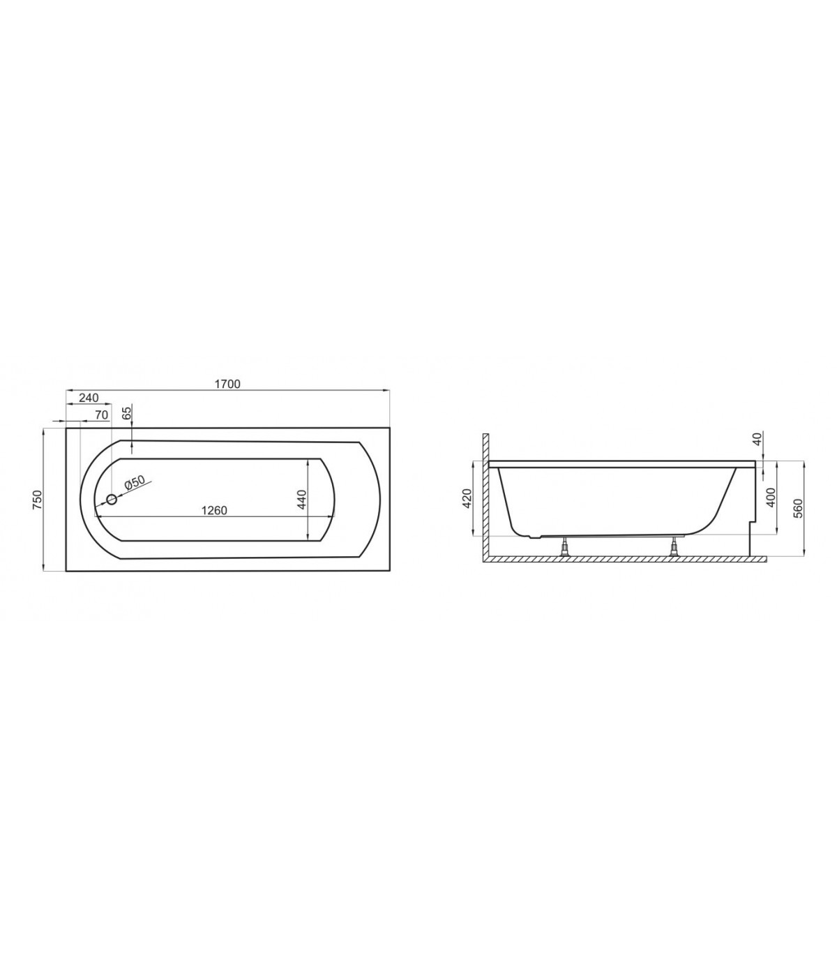 RECHTECK BADEWANNE 170x75 CLASSIC Ablaufgarnitur + Füße GRATIS !