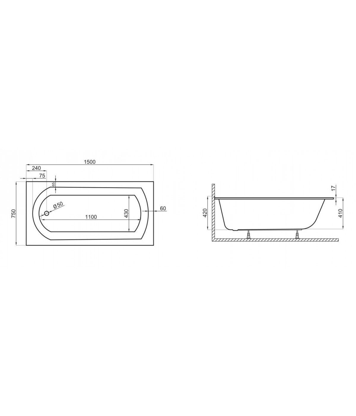 RECHTECK BADEWANNE SLIM 150x75 CLASSIC Ablaufgarnitur + Füße GRATIS !