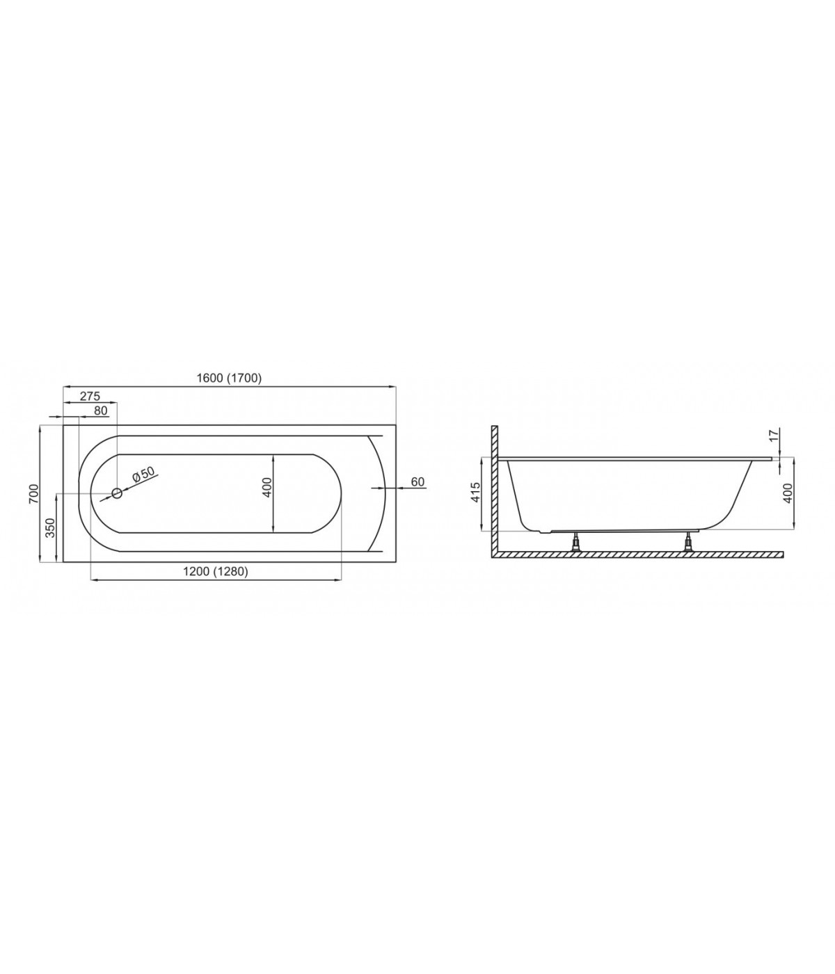 RECHTECK BADEWANNE SLIM 170x70 CLASSIC Ablaufgarnitur + Füße GRATIS !
