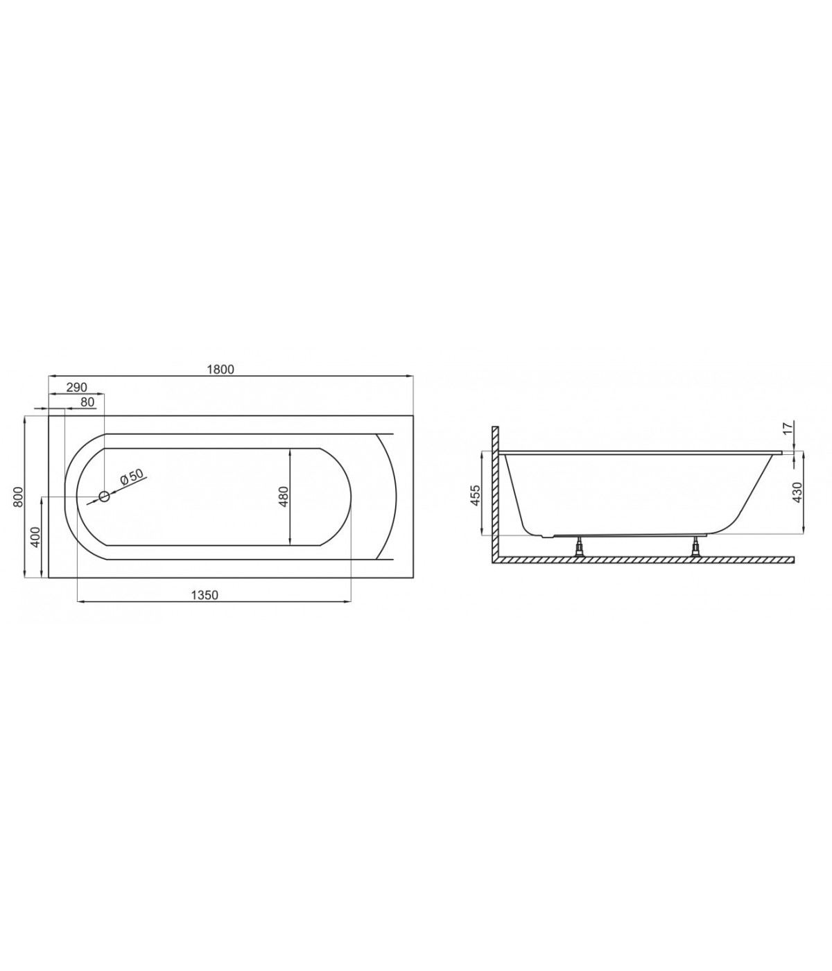 RECHTECK BADEWANNE SLIM 180x80 CLASSIC Ablaufgarnitur + Füße GRATIS !