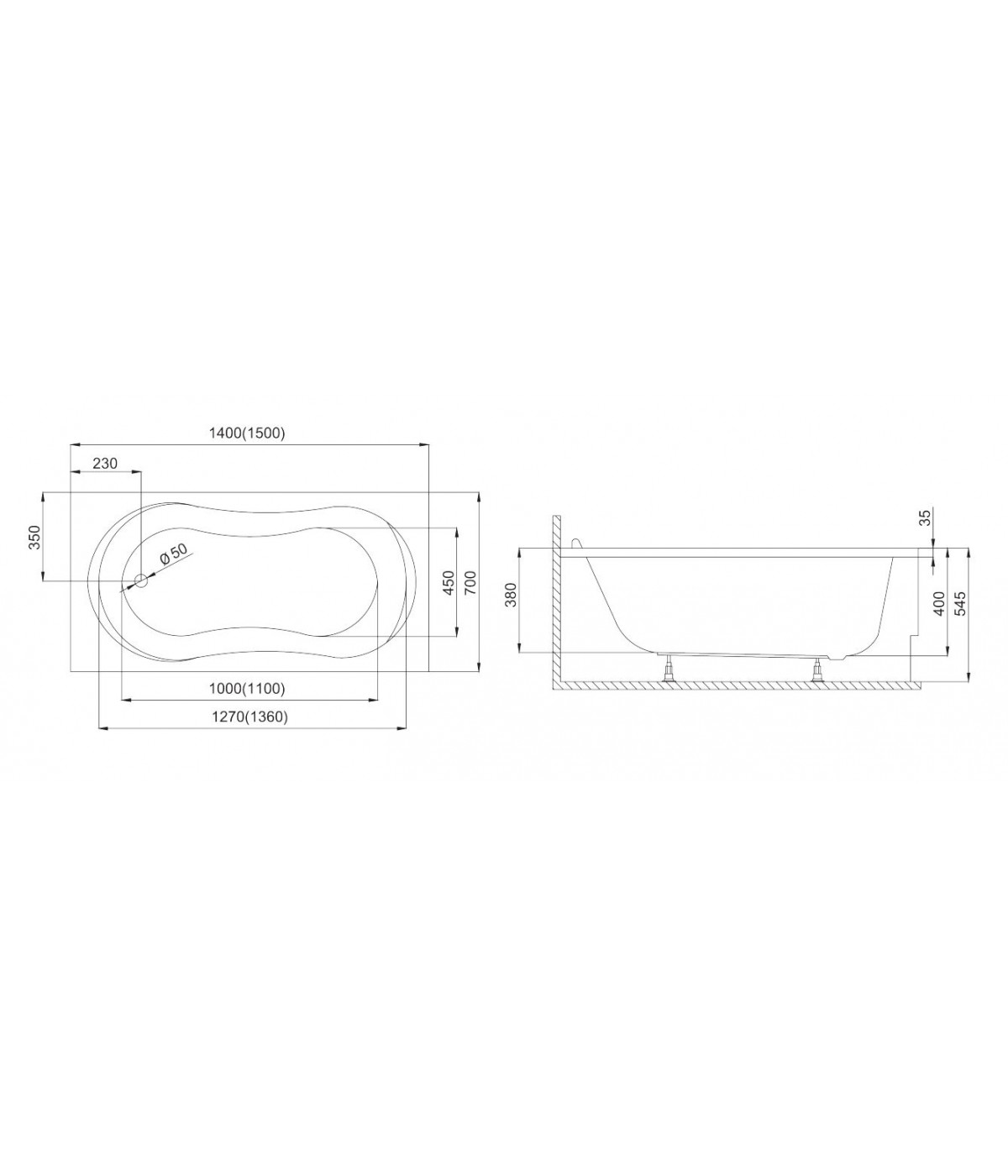 RECHTECK BADEWANNE 150x70 GRACJA Ablaufgarnitur + Füße GRATIS !