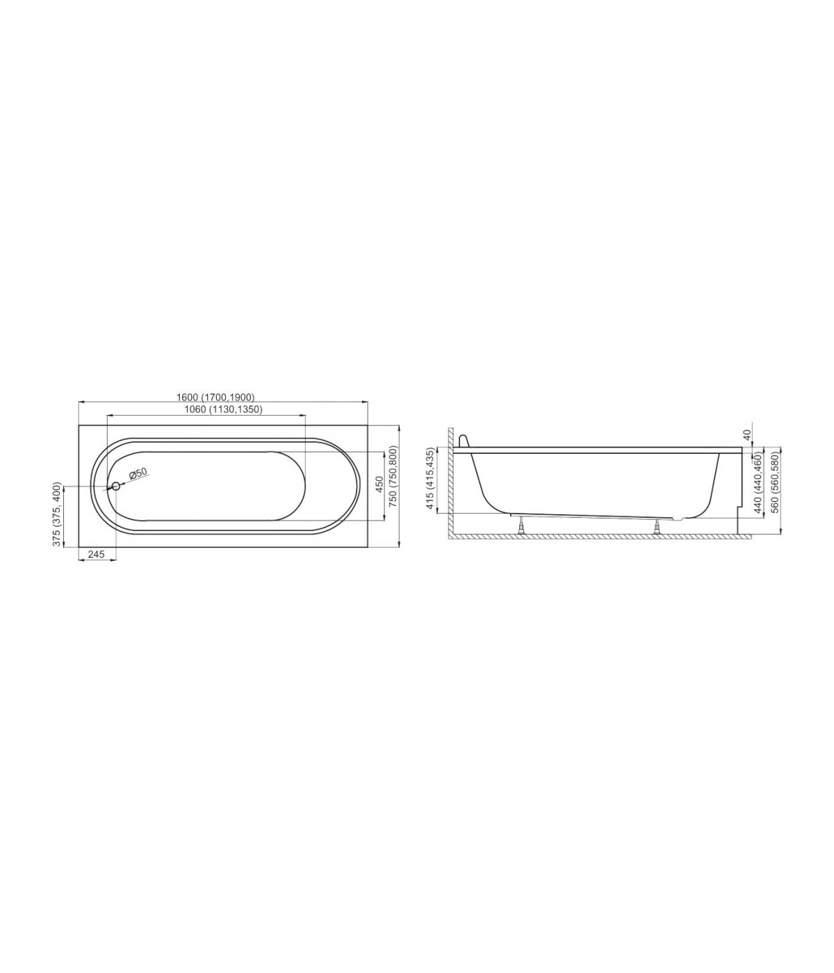 RECHTECK BADEWANNE 170x75 MEDIUM Ablaufgarnitur + Füße GRATIS !