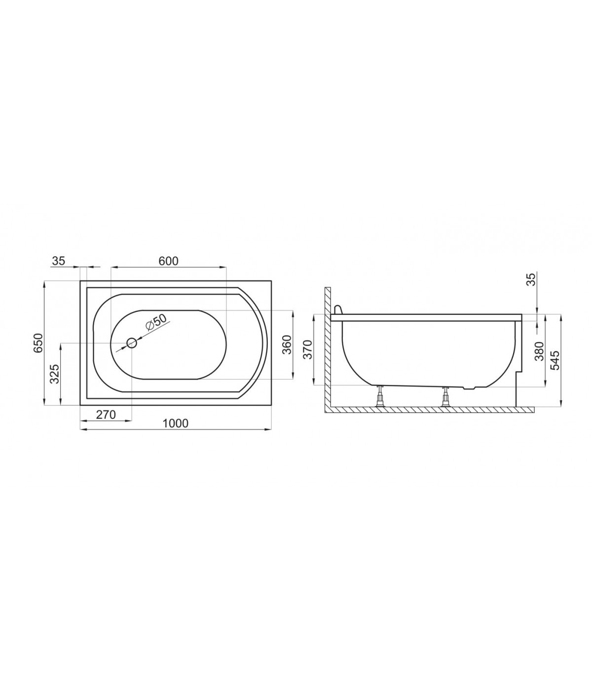 RECHTECK BADEWANNE 100x65 MINI Ablaufgarnitur + Füße GRATIS !
