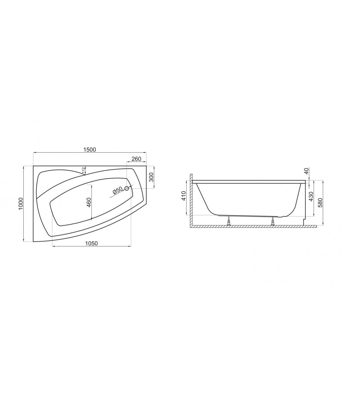 ECKBADEWANNE 150x100 RECHTS FRIDAS Ablaufgarnitur + Füße GRATIS !