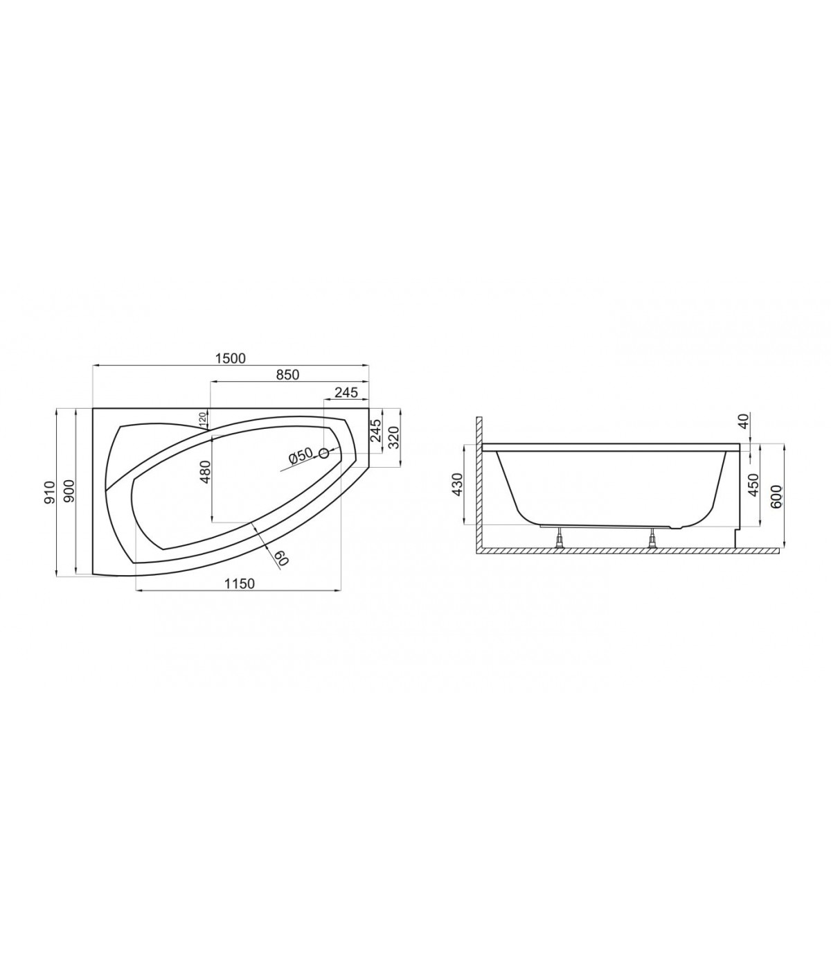ECKBADEWANNE 150x90 RECHTS FRIDAS Ablaufgarnitur + Füße GRATIS !