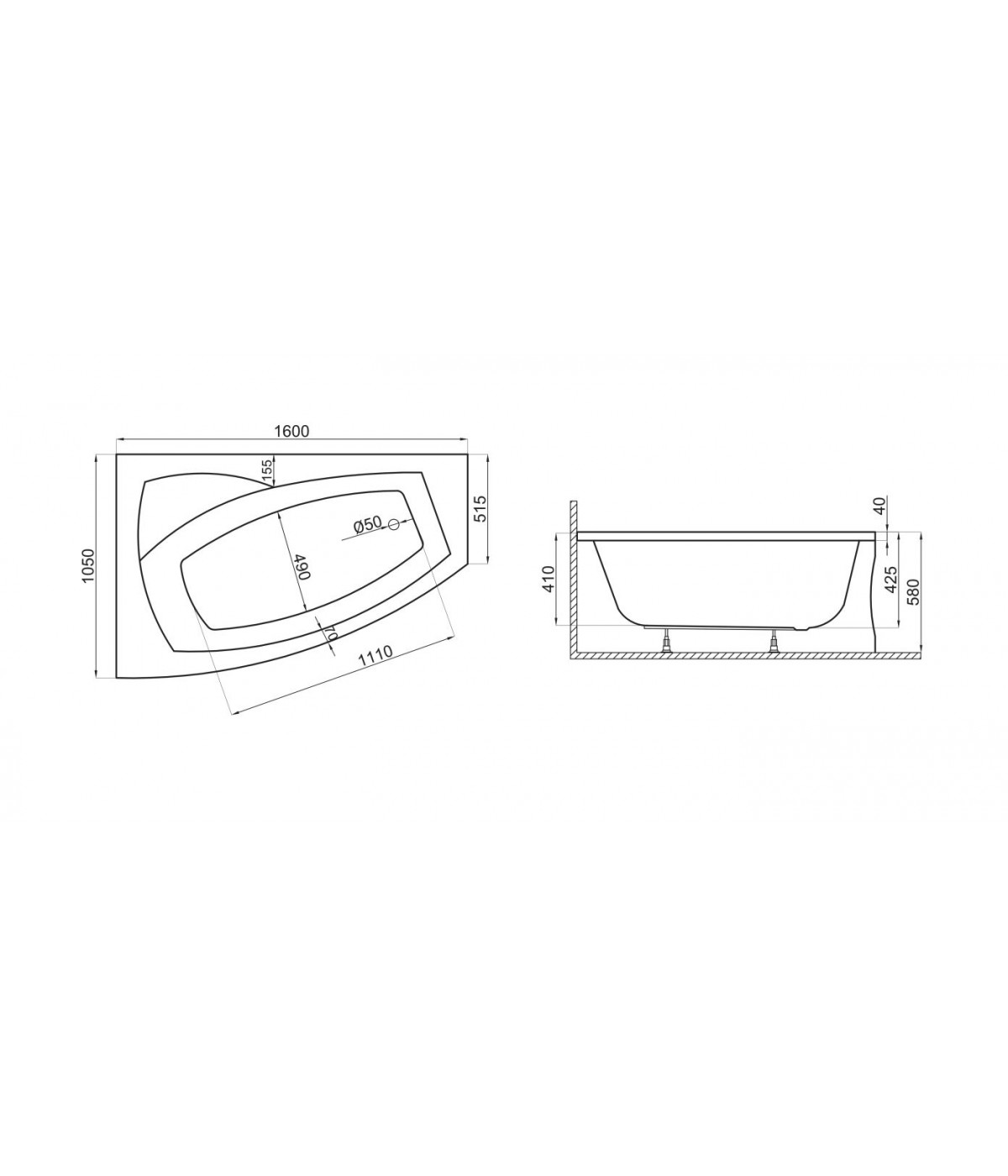 ECKBADEWANNE 160x105 RECHTS FRIDAS Ablaufgarnitur + Füße GRATIS !