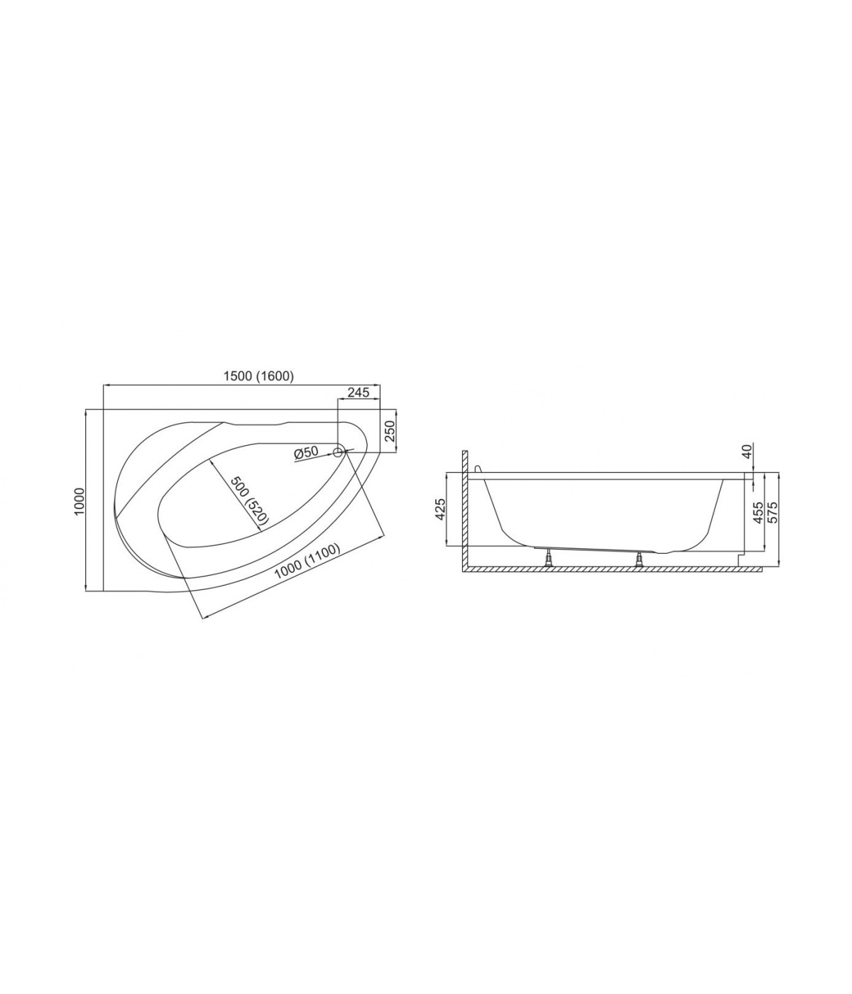 ECKBADEWANNE 150x100 LINKS MAREA Ablaufgarnitur + Füße GRATIS !
