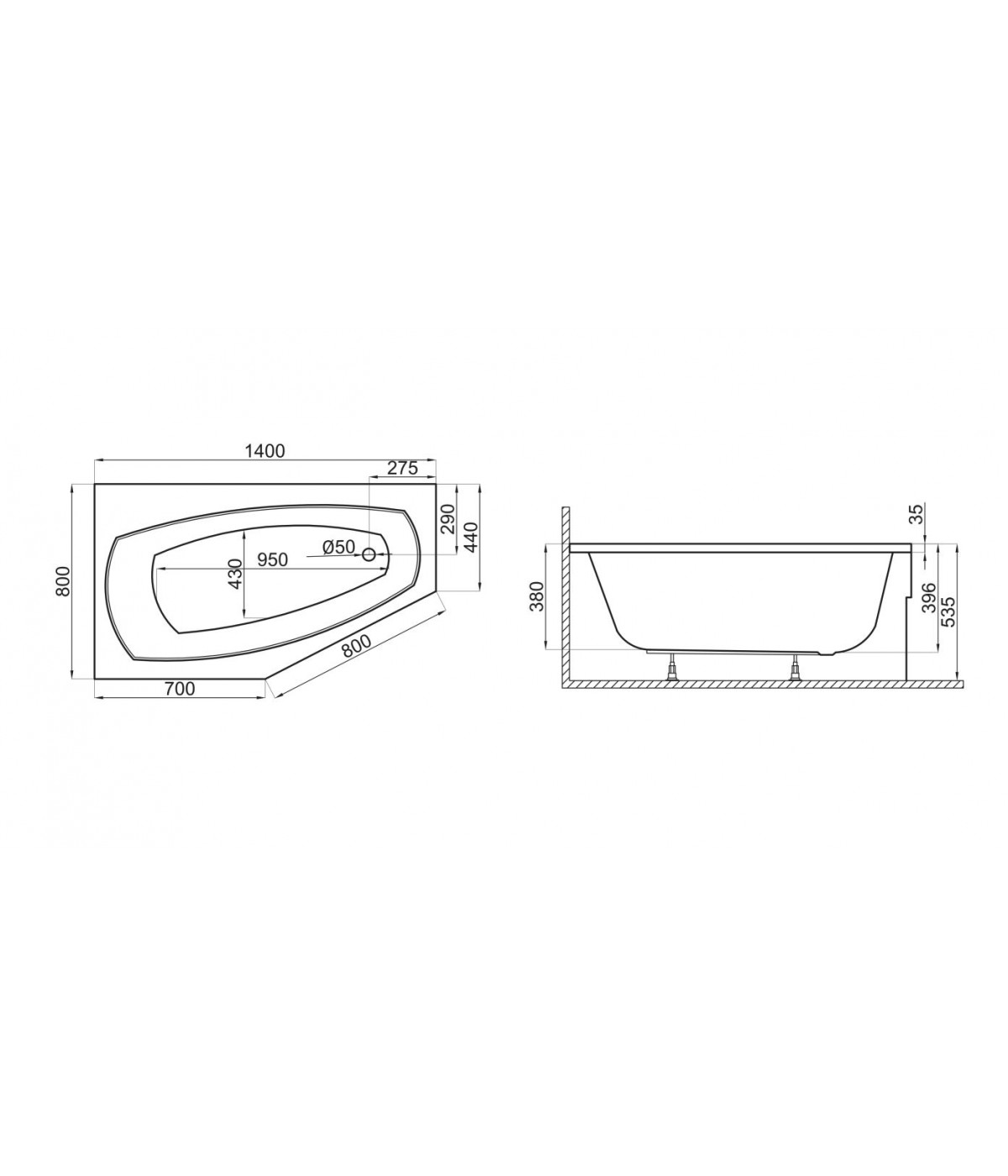 ECKBADEWANNE 140x80 RECHTS MARIKA Ablaufgarnitur + Füße GRATIS !