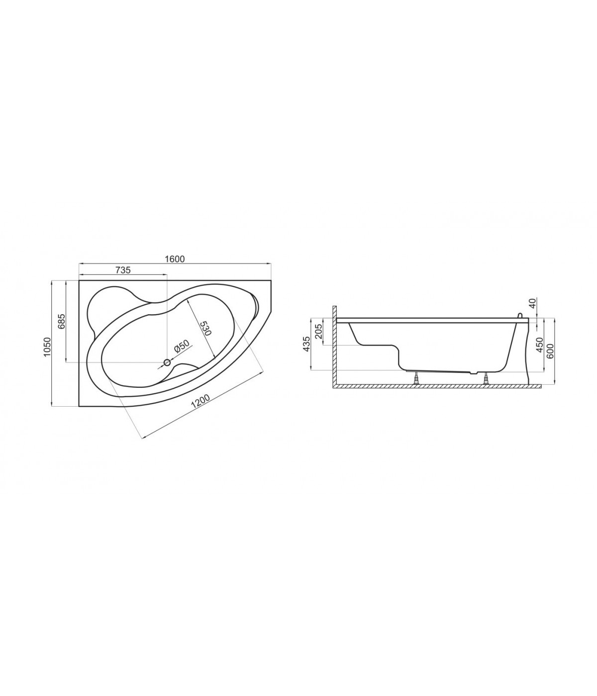 ECKBADEWANNE 160x105 LINKS MEGAZ Ablaufgarnitur + Füße GRATIS !