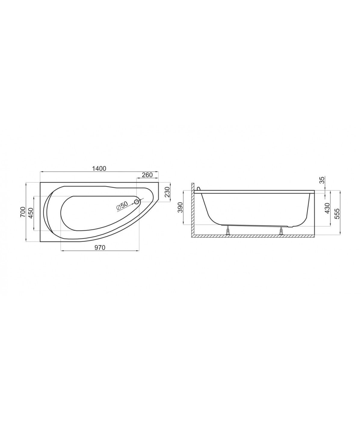 ECKBADEWANNE 140x70 RECHTS MIKI Ablaufgarnitur + Füße GRATIS !