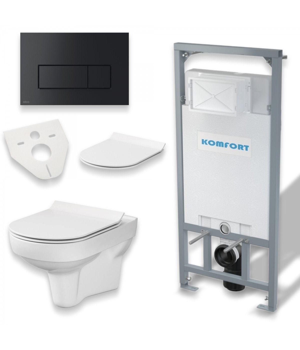 SET: WC-Vorwandelement C201 + WC-Toilette SLIM Soft-Close City-Cleanon Weiß + Schallschutzmatte + WC-Betätigungsplatte Schwarz