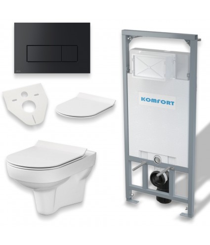 SET: WC-Vorwandelement C201 + WC-Toilette SLIM Soft-Close City-Cleanon Weiß + Schallschutzmatte + WC-Betätigungsplatte Schwarz