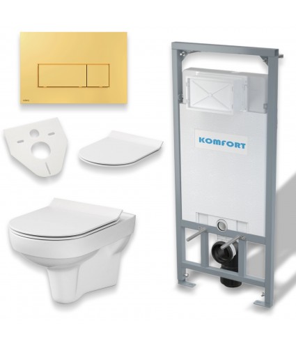 SET: WC-Vorwandelement C201 + WC-Toilette SLIM Soft-Close City-Cleanon Weiß + Schallschutzmatte + WC-Betätigungsplatte Gold