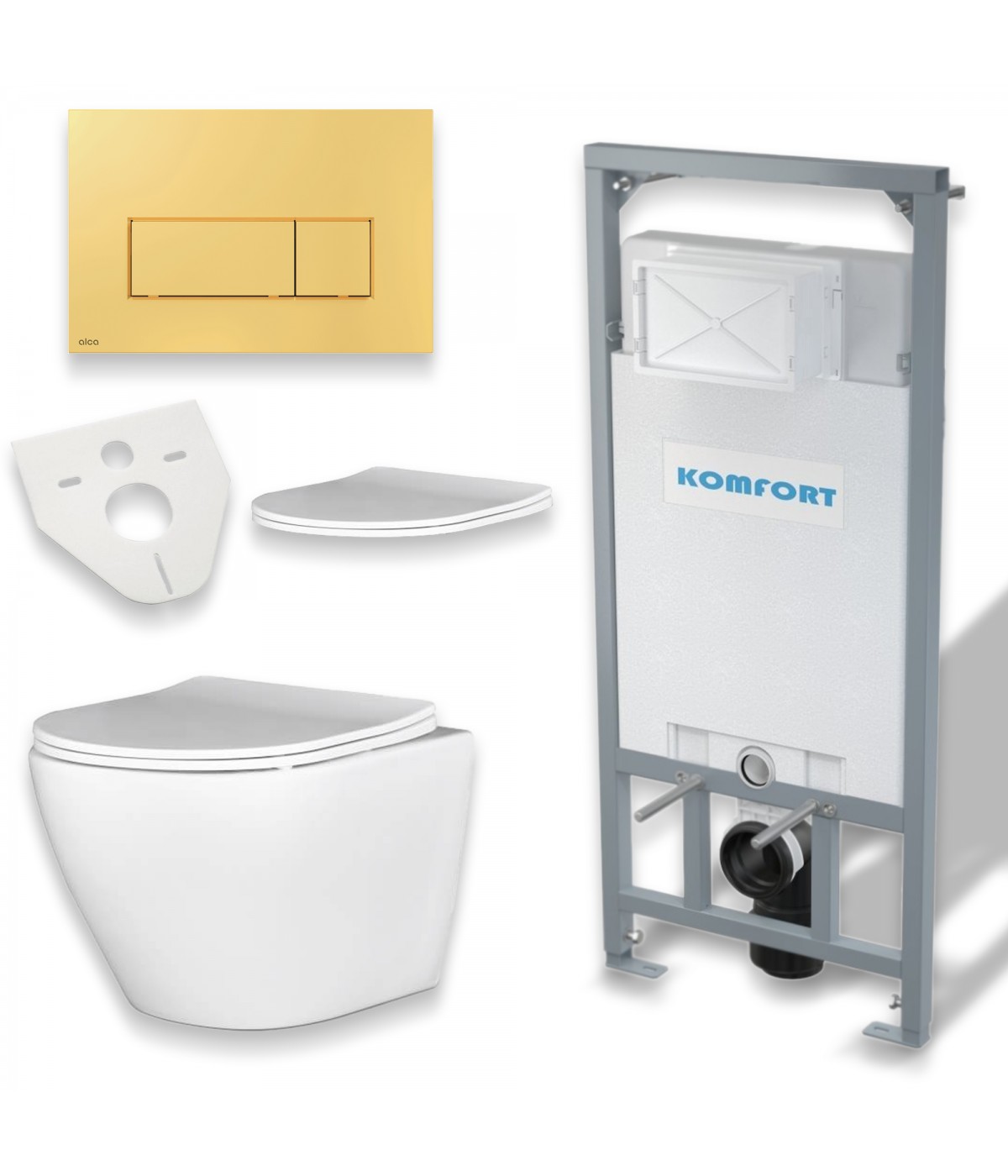 SET: WC-Vorwandelement C201 + WC-Toilette SLIM Soft-Close Desna Weiß + Schallschutzmatte + WC-Betätigungsplatte Gold
