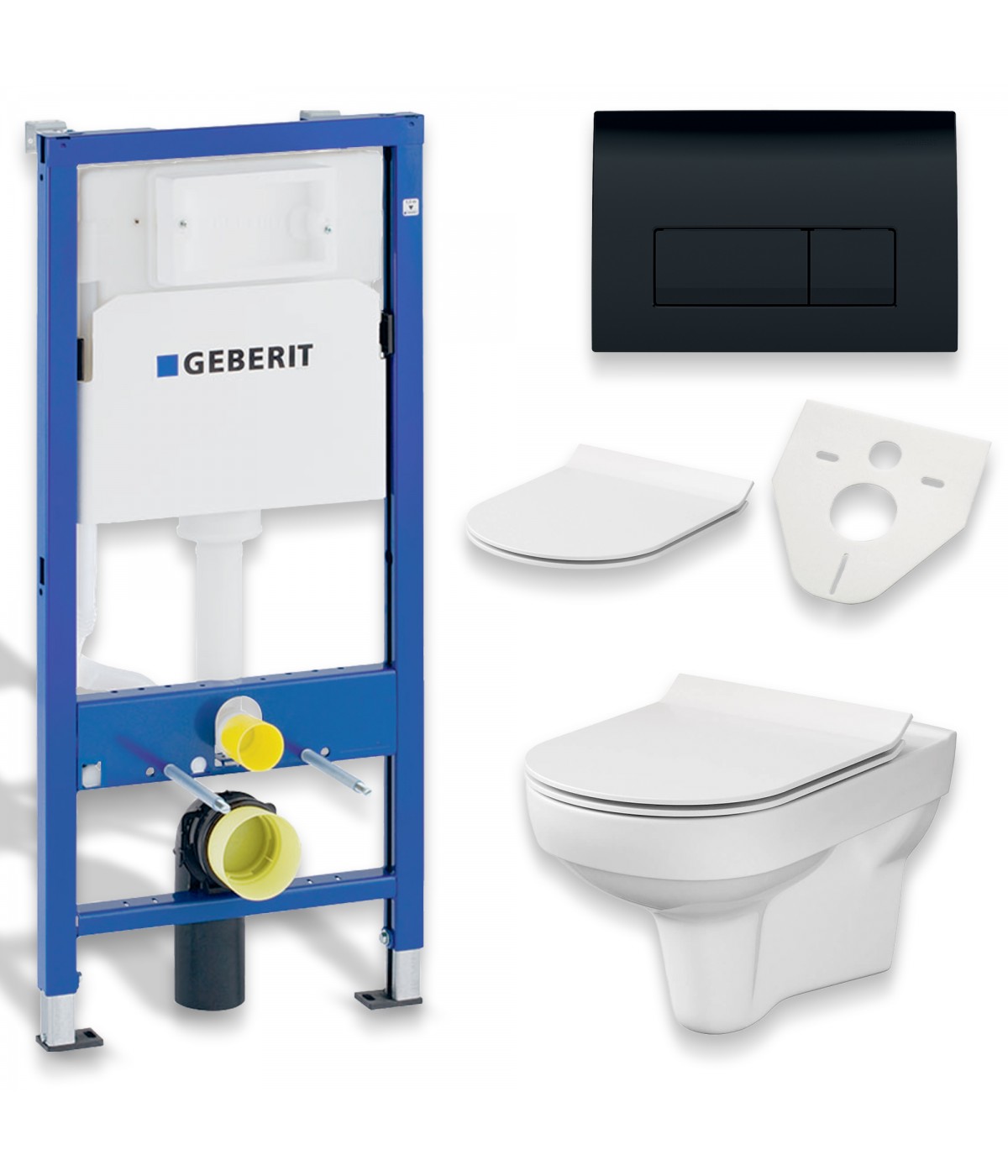 SET: WC-Vorwandelement Duofix + WC-Toilette SLIM Soft-Close City-Cleanon Weiß + Schallschutzmatte + WC-Betätigungsplatte Schwarz