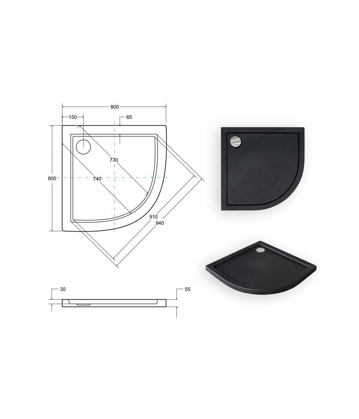 DUSCHWANNE VIERTELKREIS SCHWARZ 80x80x3 ARON Ablaufgarnitur GRATIS !