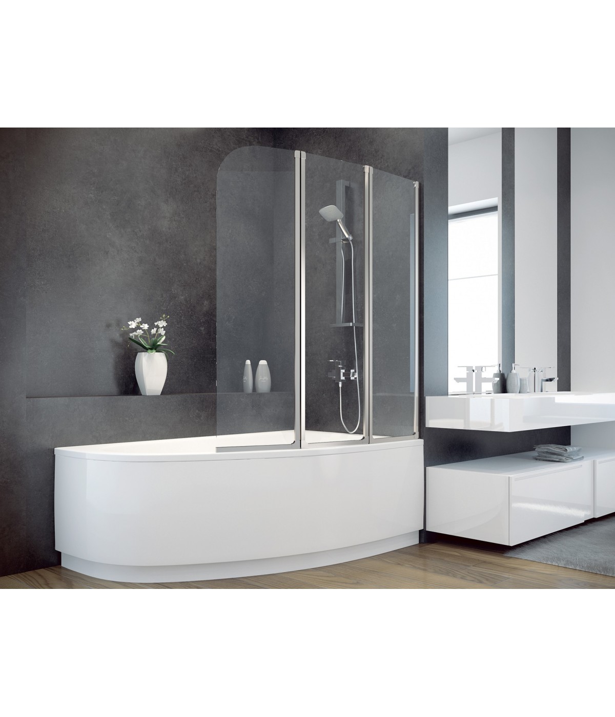 Badewannenabtrennung 3-teilig 123,5x139 AMBITION 3 Glas 4 mm