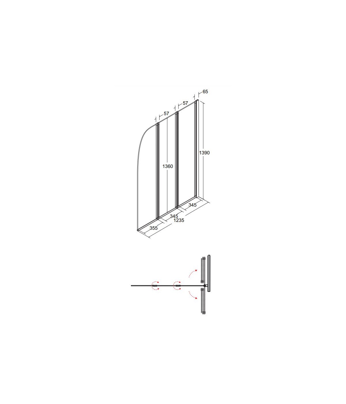 Badewannenabtrennung 3-teilig 123,5x139 AMBITION 3 Glas 4 mm