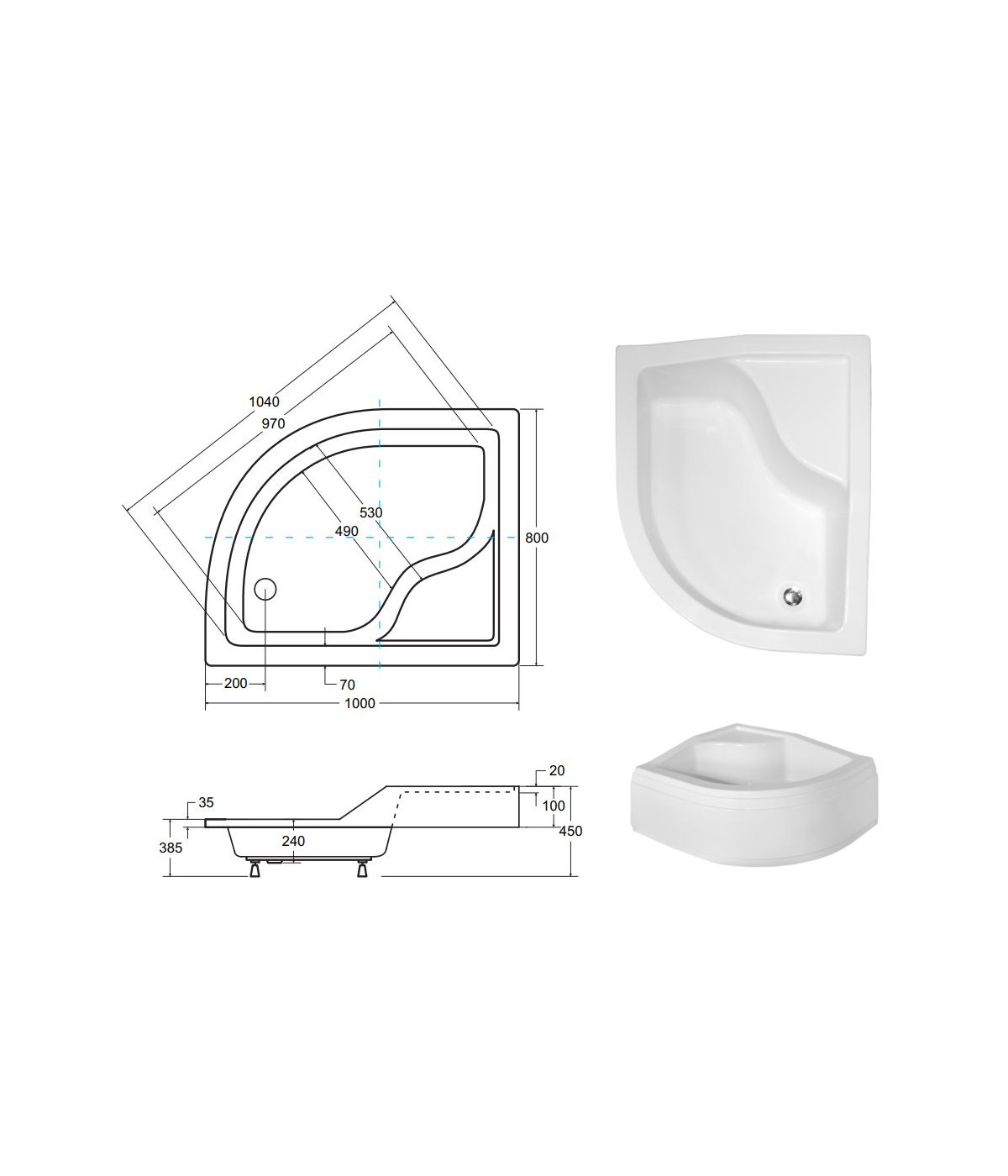 DUSCHWANNE VIERTELKREIS 100x80 LINKS MAXI Ablaufgarnitur und Füße GRATIS !