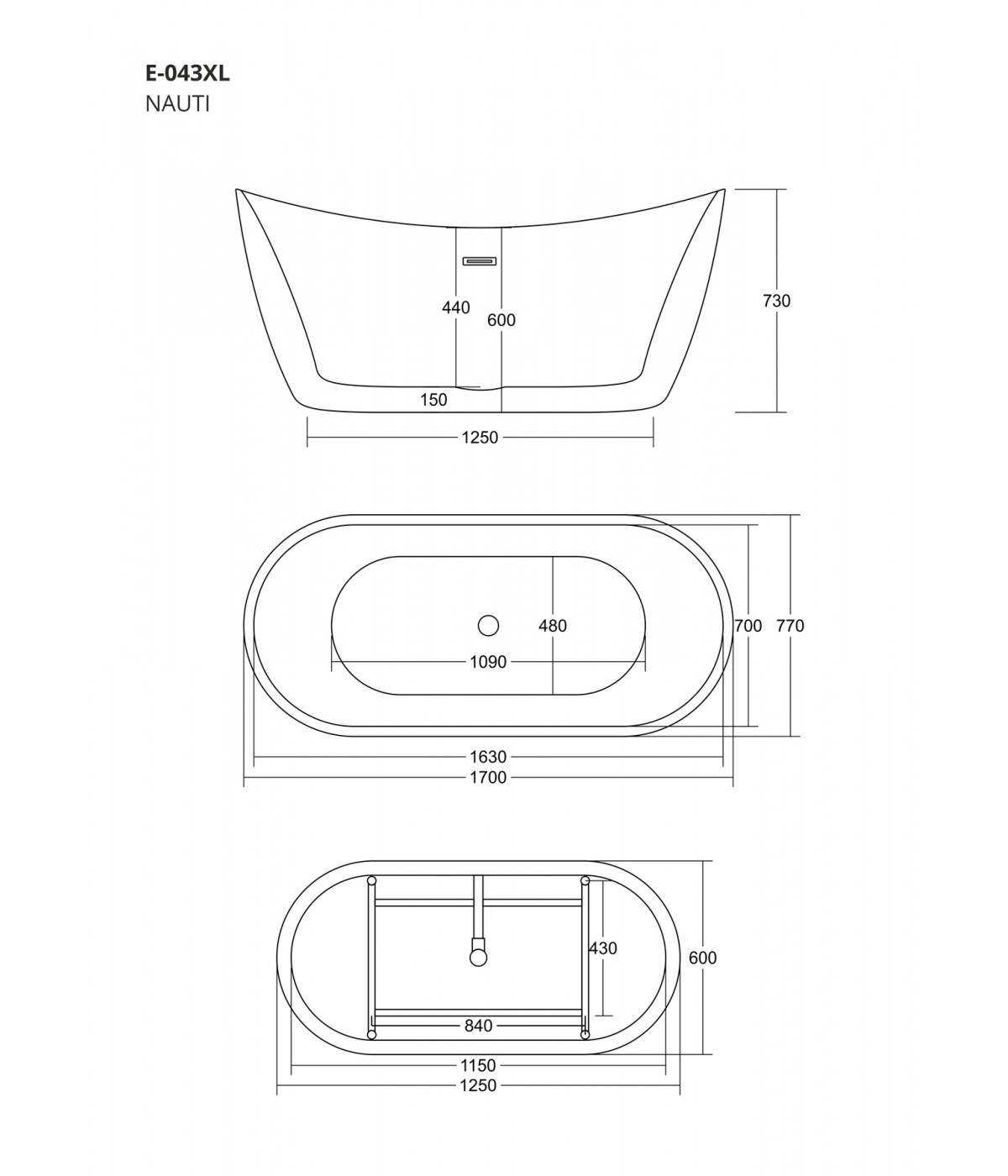 Freistehende Badewanne Oval 170x80 NAUTI MONOLITH ACRYL Ablaufgarnitur CLICK CLACK GRATIS !