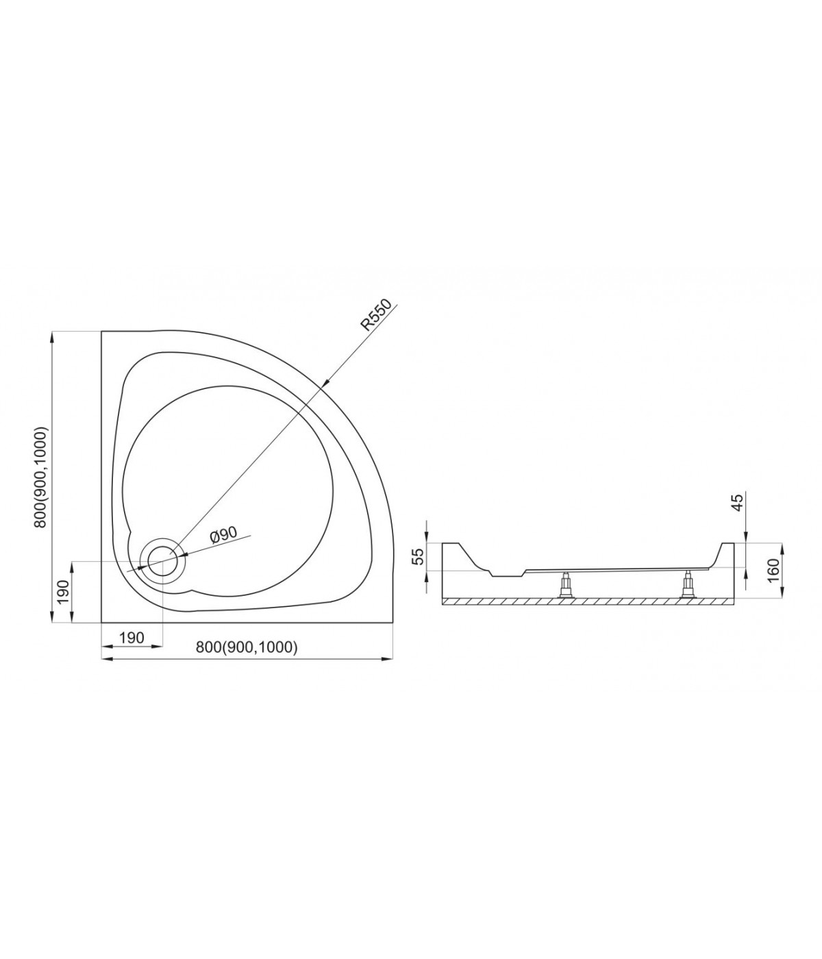 DUSCHWANNE VIERTELKREIS 100x100x5 NEUER STIL Ablaufgarnitur und Füße GRATIS !