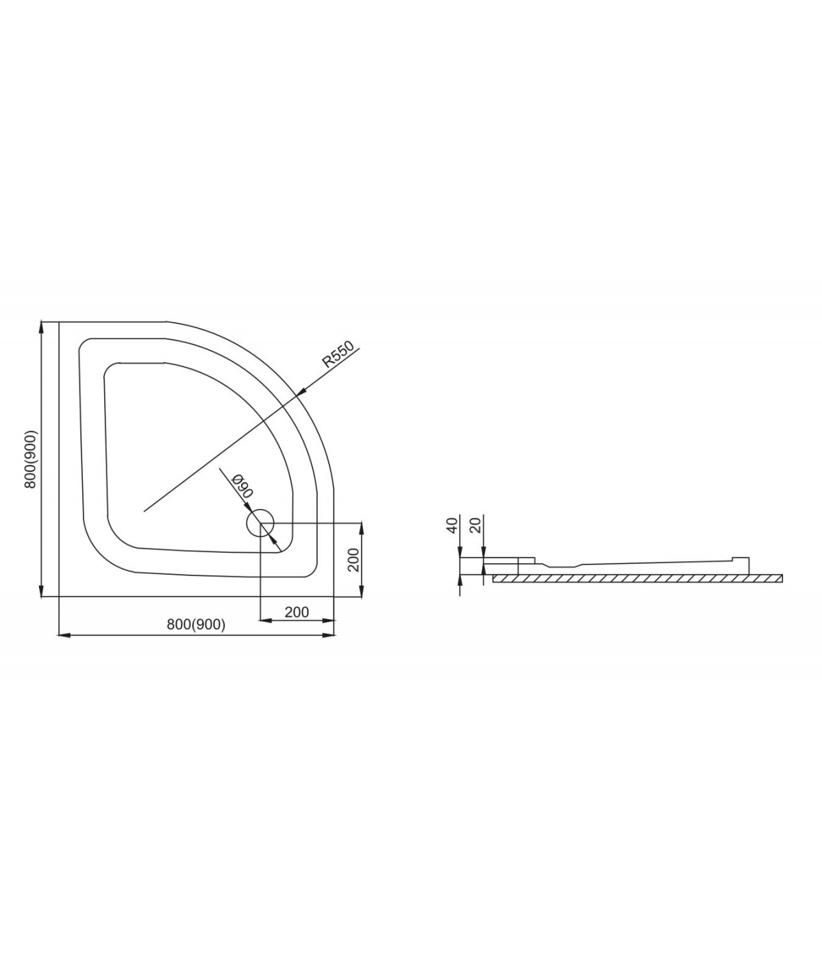 DUSCHWANNE VIERTELKREIS 80x80 PAKO Ablaufgarnitur GRATIS !