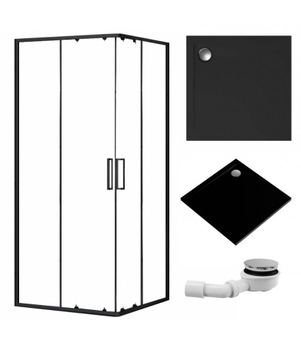 SET: Duschwanne GEOSA + Duschkabine Transparentes Glas 80x80x190 PUNTO Schwarz Quadratisch
