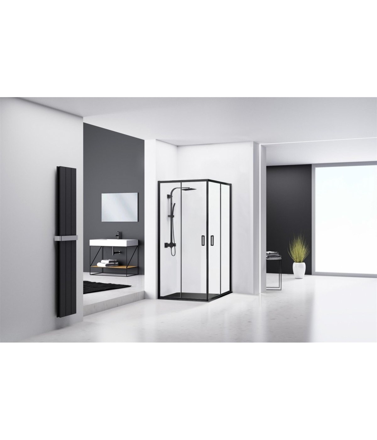 SET: Duschwanne GEOSA + Duschkabine Transparentes Glas 80x80x190 PUNTO Schwarz Quadratisch