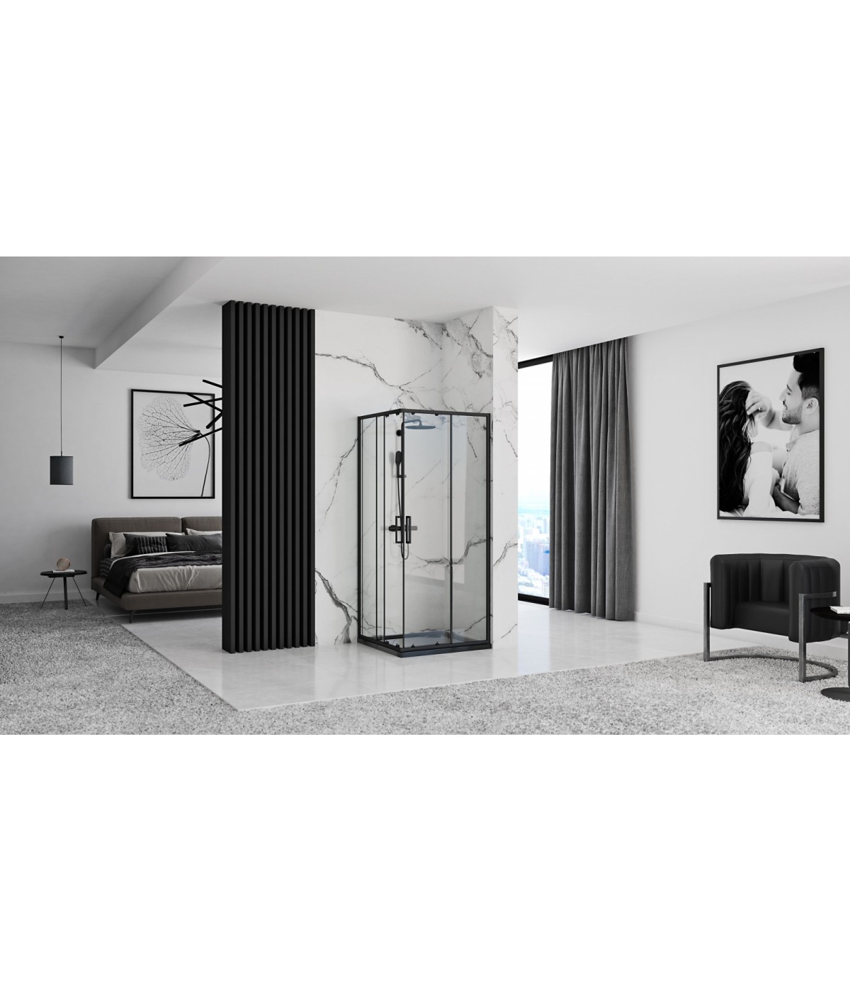 SET: Duschwanne GEOSA + Duschkabine Transparentes Glas 80x80x190 PUNTO Schwarz Quadratisch