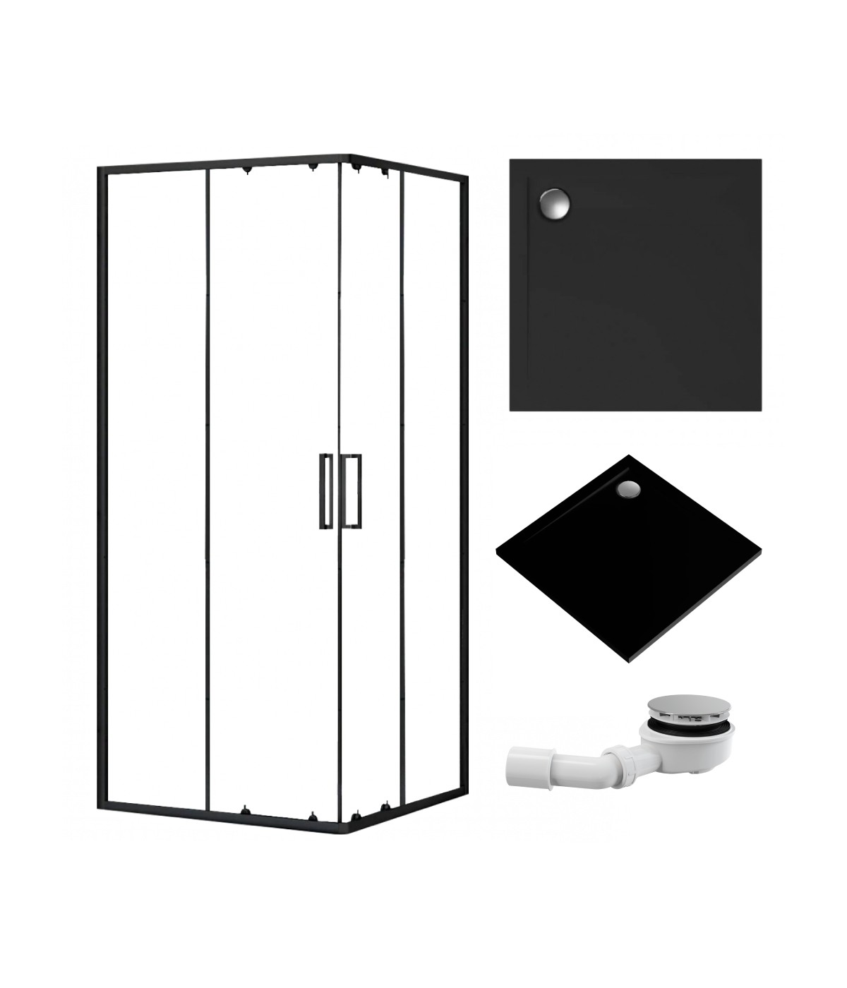 SET: Duschwanne GEOSA + Duschkabine Transparentes Glas 90x90x190 PUNTO Schwarz Quadratisch