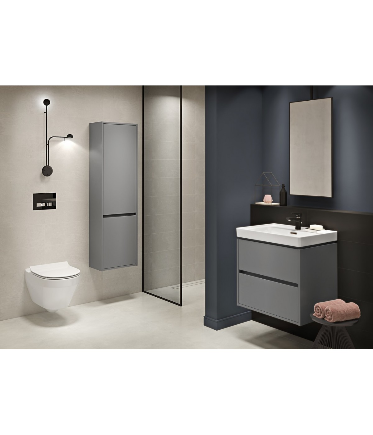 Badezimmer Hochhängeschrank CREAZ 140x40x25 Hochschrank mit 2-Türen, Grau Matt